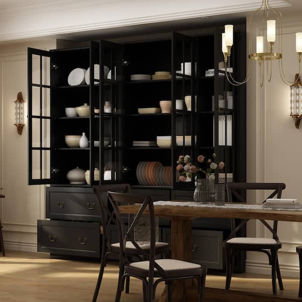 Black Wood Combination Cabinet Storage Cabinet Freestanding Display Cabinet With 5 Tempered Glass Doors and 6-Drawers