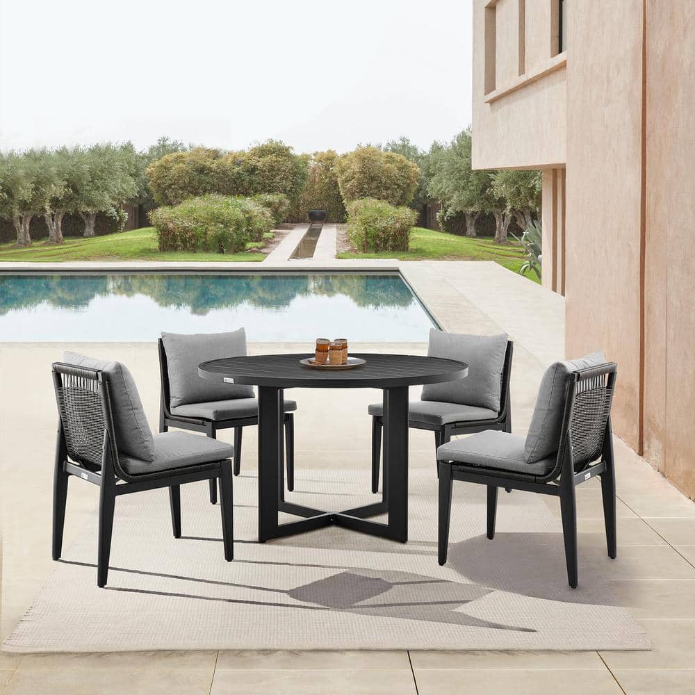 Grand Black Aluminum Dining Chair with Gray Cushions, Set of 2