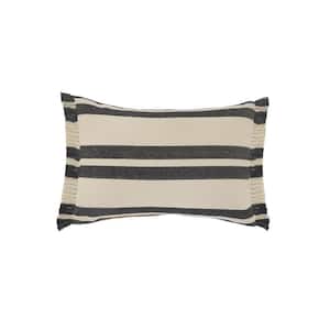 Double Gray / White Striped Fringed Poly-Fill 24 in. x 16 in. Lumbar Indoor Throw Pillow