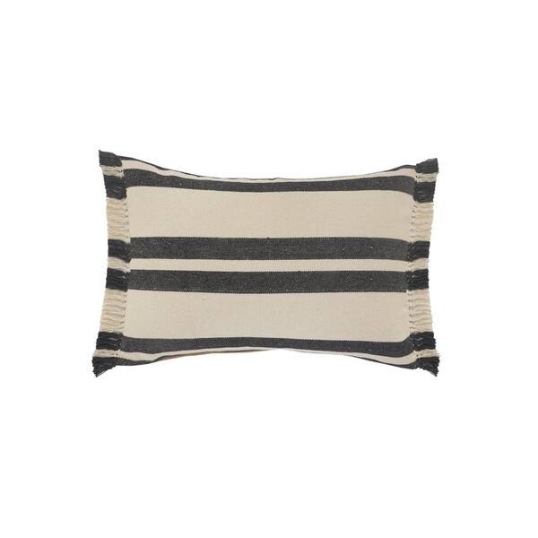 LR Home Double Gray / White Striped Fringed Poly-Fill 24 in. x 16 in. Lumbar Throw Pillow