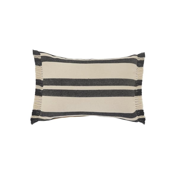 Unbranded Double Gray / White Striped Fringed Poly-Fill 24 in. x 16 in. Lumbar Indoor Throw Pillow