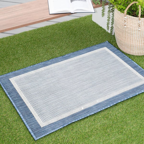 Eco Solid Border Blue 2 ft. x 3 ft. Indoor/Outdoor Area Rug