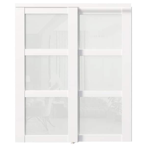 72 in. x 80 in. MDF Solid Core, Frosted Glass, 3-Lite, PVC Covering, White Sliding Door with All Hardware