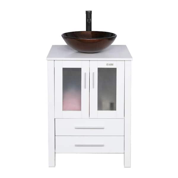 24 in. W x 20 in. D x 32 in. H Single Sink Bath Vanity in White with Brown Glass Vessel Sink Top ORB Faucet