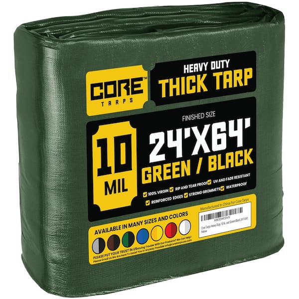 CORE TARPS 24 ft. x 64 ft. Green/Black 10 Mil Heavy Duty Polyethylene Tarp, Waterproof, UV Resistant, Rip and Tear Proof