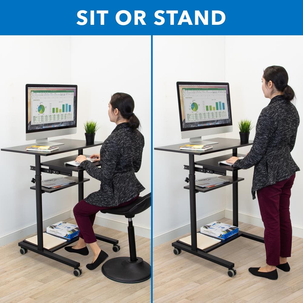 Adjustable 32" Black Wood Mobile Sit/Stand Desk with Keyboard Tray