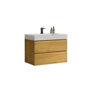 Alice106 30 in. W x 18 in. D x 25 in. H Single Sink Floating Bath Vanity in Natural with White Solid Surfer Top