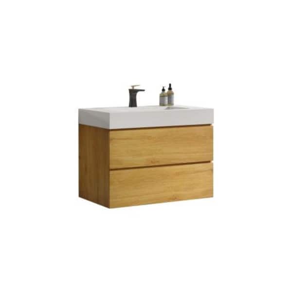 Sanlan Alice106 30 in. W x 18 in. D x 25 in. H Single Sink Floating Bath Vanity in Natural with White Solid Surfer Top