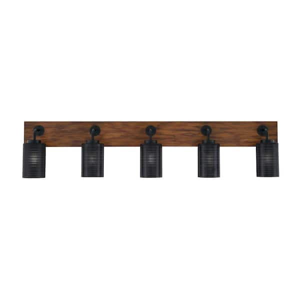 Unbranded Kirby 46.5 in. 5 Light Black and Painted Wood-look Vanity Light with 4 in. Black Matrix Glass Shades No Bulbs Included