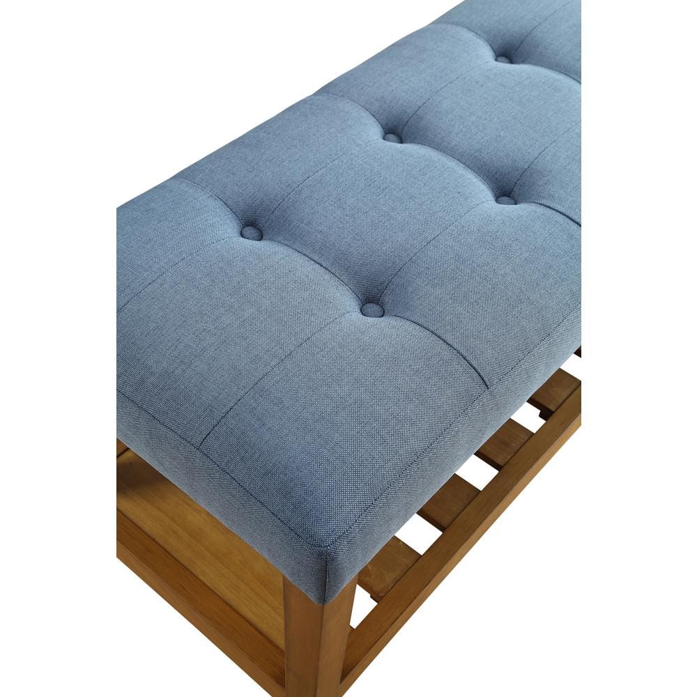 Blue Tufted Upholstered Bench with Oak Storage Shelf
