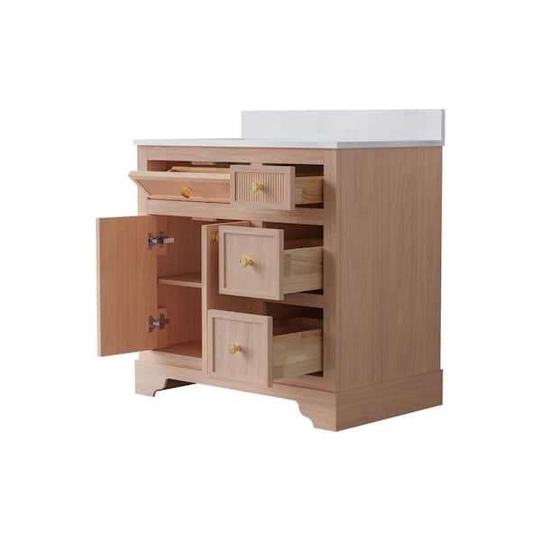 36 in. W Solid Wood Bath Vanity in Oak with White Quartz Top Single Sink, Assembled, Soft-Close Door and Drawer