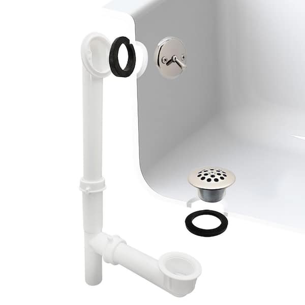 14 in. White Poly Tubular Bath Waste & Overflow Assembly with Trip Lever and Strainer Grid Drain Cover, Polished Chrome