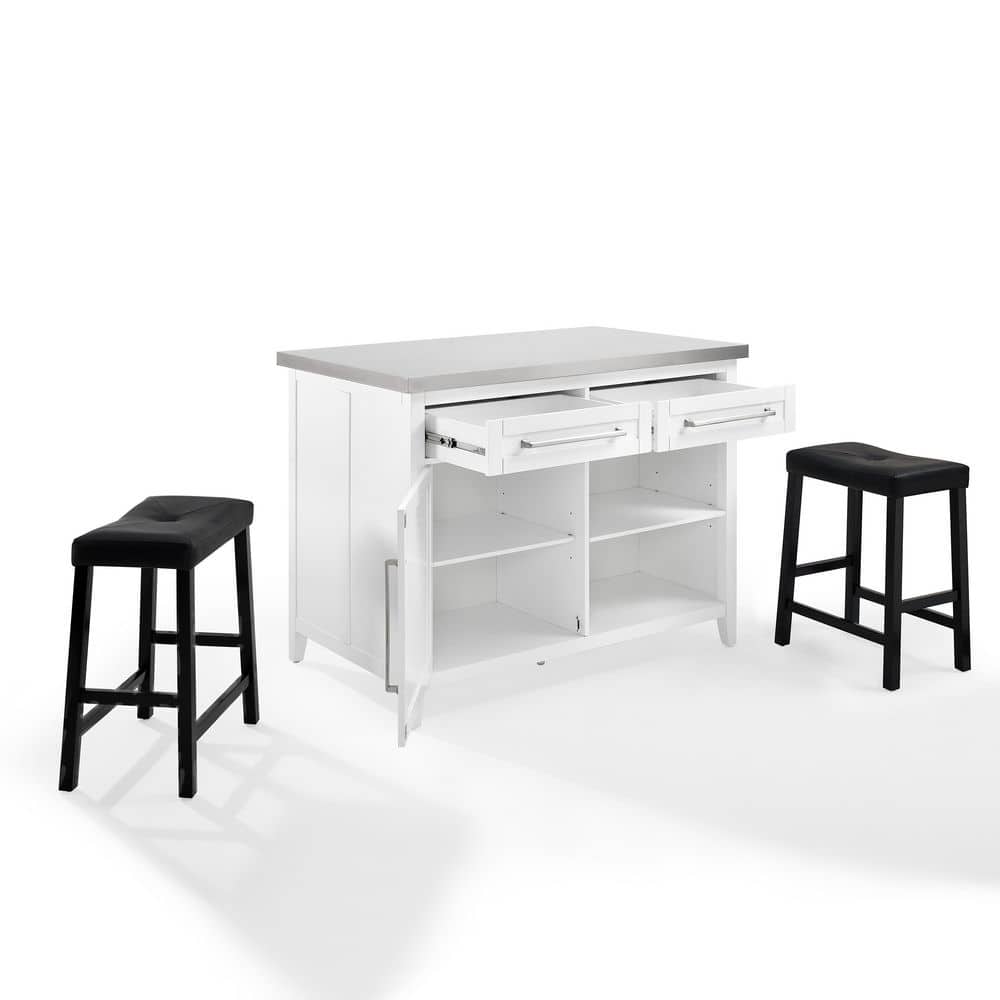 Silvia White Kitchen Island with Stainless Steel Top and Black Upholstered Saddle Stools