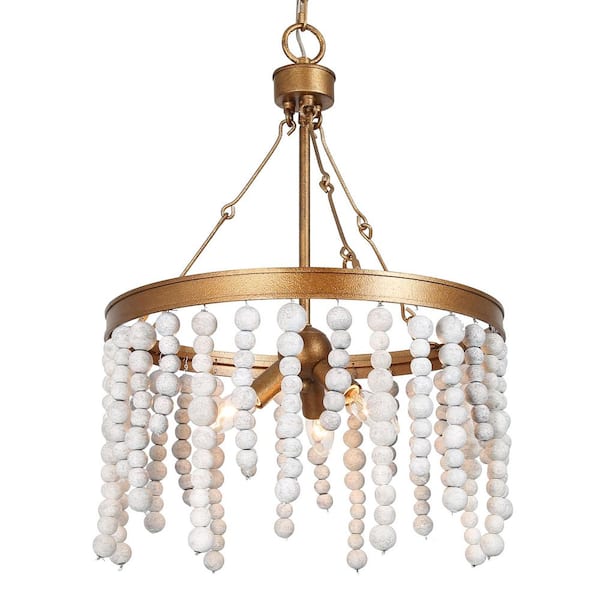 3-Light Antique Gold Drum Chandelier with Weathered White Wood Beads