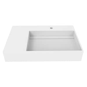 Juniper 30 in. Wall Mounted Solid Surface Right Side Basin Rectangle Non Vessel Bathroom Sink in Matte White