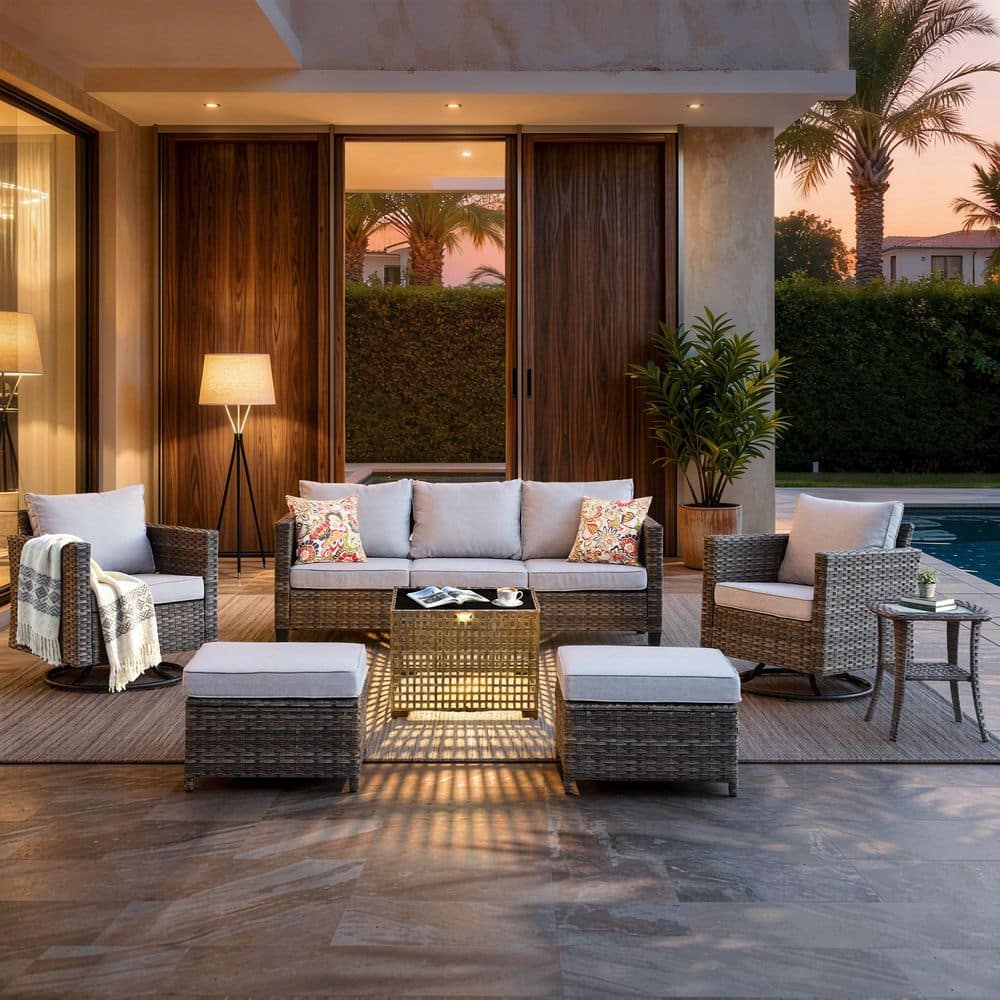New Vultros Gray 7-Piece Wicker Outdoor Patio Conversation Set with Gray Cushions and Solar LED Coffee Table price history on PriceWatchPro