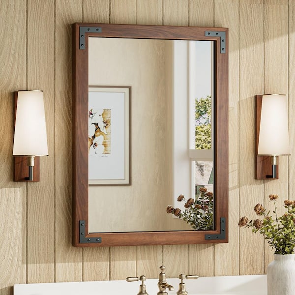 KeonJinn 22 in. W x 30 in. H Rectangular Rustic Wood Framed Mirror Farmhouse Bathroom Vanity Mirror Over Sink in Brown