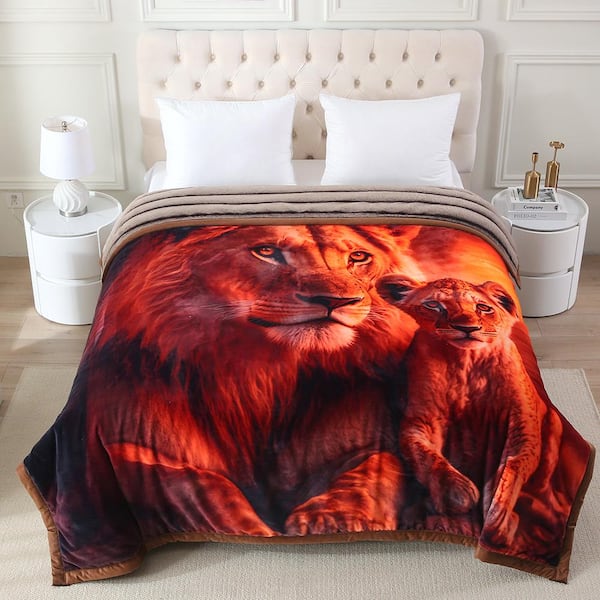 Lion Pattern Rabbit Fur Blanket Striped Microfiber Plush Bed Blanket 85 in. x 93 in. 9LB