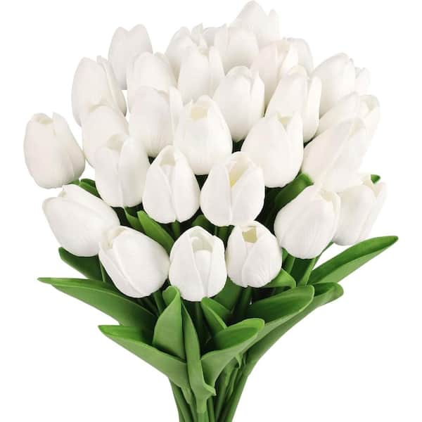 30PCS Artificial Tulip Flowers 13.7 in Real Touch Fake Tulips Spring Faux Flowers(White)