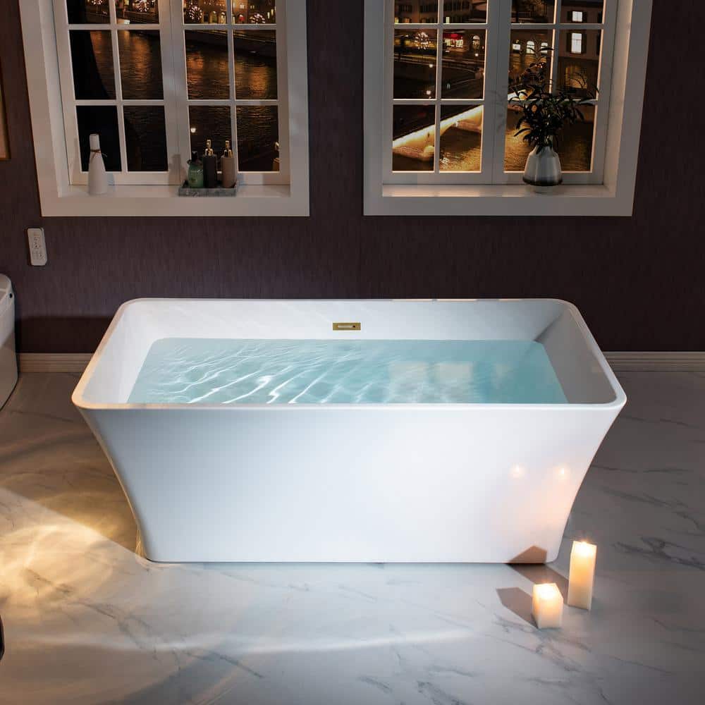 Echo 59'' White Acrylic Freestanding Soaking Bathtub with Brushed Gold Trim