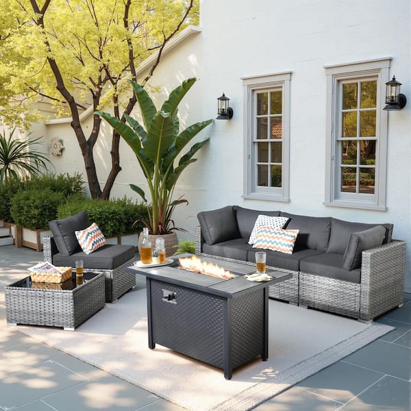HOOOWOOO Messi Gray 6-Piece Wicker Outdoor Patio Conversation Sectional Sofa Set with a Metal Fire Pit and Black Cushions