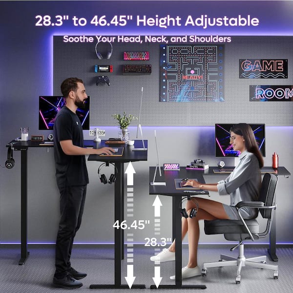 63 in. L-Shaped Black Carbon Fiber Wood Sit to Stand Desk with 3-Height Memory Presets and USB Port, 2 Headphone Hooks