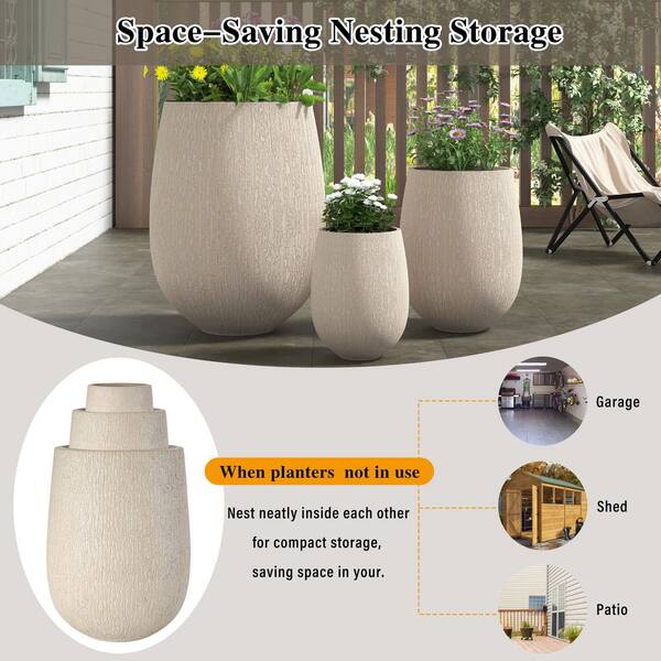 Modern 16 in. Dia. Beige MGO Egg-Shaped Lightweight Outdoor Flower