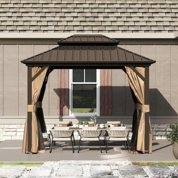 8 ft. x 10 ft. Galvanized Steel Hardtop Gazebo with Netting and Curtains, Dark Brown