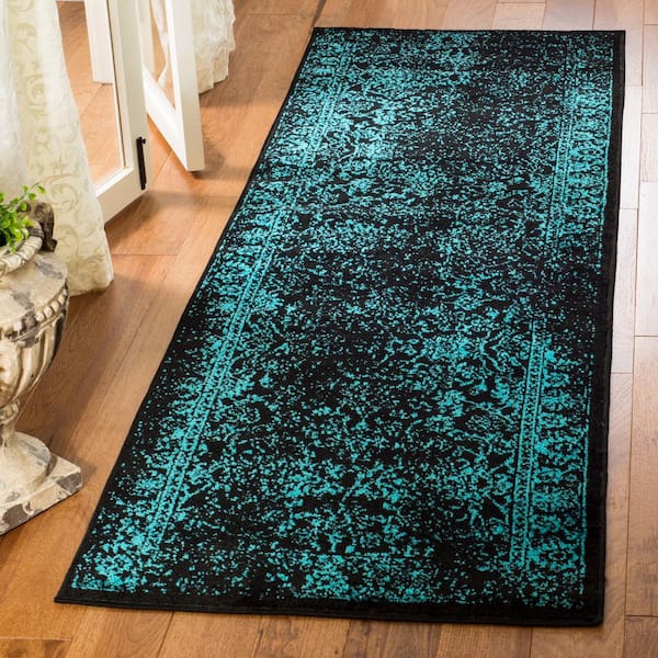 Adirondack Black/Teal 3 ft. x 10 ft. Border Distressed Runner Rug