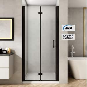 34 to 35-1/2 in. W x 72 in. H Bi-Fold Frameless Shower Doors in Black with Clear Glass