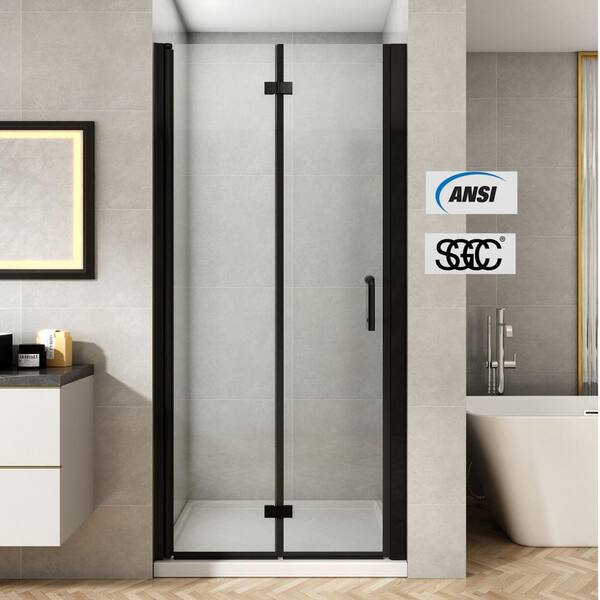 TOOLKISS 36 to 37-3/8 in. W x 72 in. H Bi-Fold Frameless Shower Doors in Black with Clear Glass