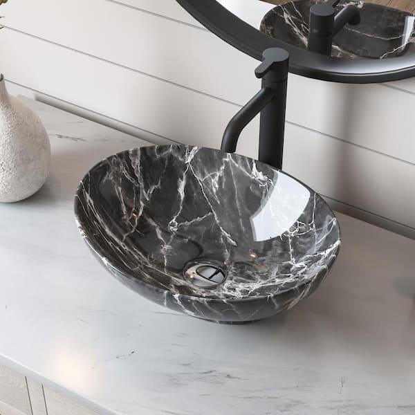 DEERVALLEY Horizon Black Oval Ceramic Bathroom Vessel Sink Art Basin Not Included Faucet