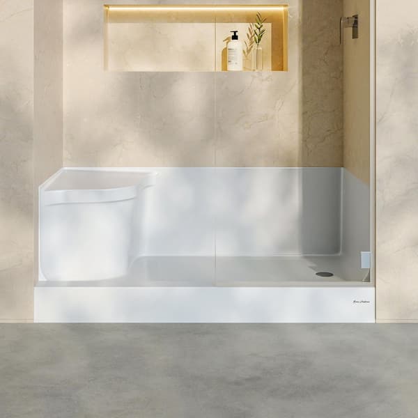 Aquatique 60 in. L X 32 in. W Alcove Shower Pan Base With Right Hand Drain and Integral Left Seat in White