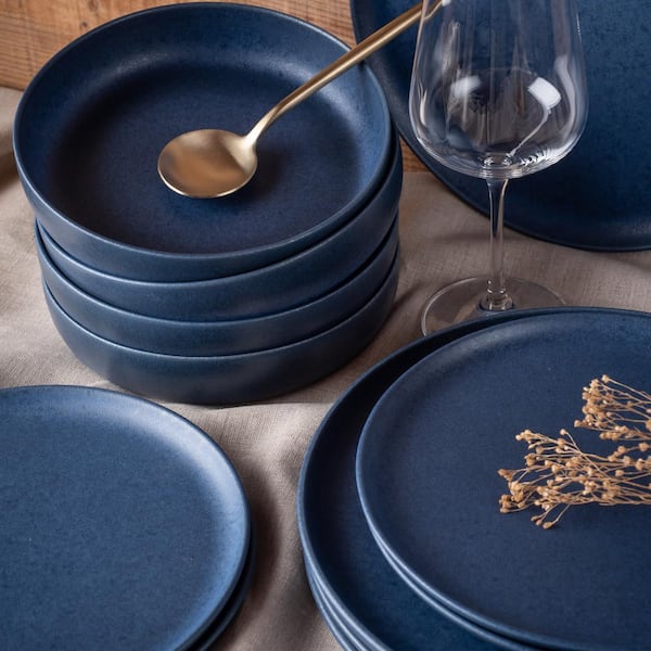 STONE LAIN Macchio 12-Piece Blue Matte Stoneware Dinnerware Set
