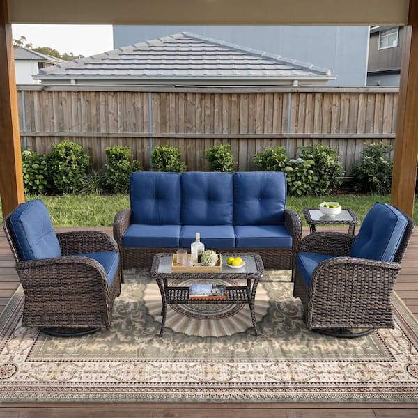 Brown 5-Piece Wicker Patio Conversation Set with Swivel Rockers, Outdoor Sofa Seating Set with Olefin Navy Blue Cushions