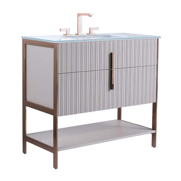 FINE FIXTURES 36 in. W x 18 in. D x 33.5 in. H Bath Vanity in Bright Taupe with Glass Vanity Top in White With Gold Hardware