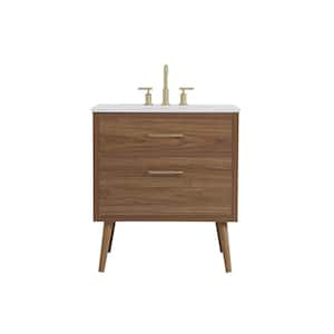 Simply Living 30 in. W x 22 in. D x 33.5 in. H Bath Vanity in Walnut Brown with Ivory White Engineered Marble Top