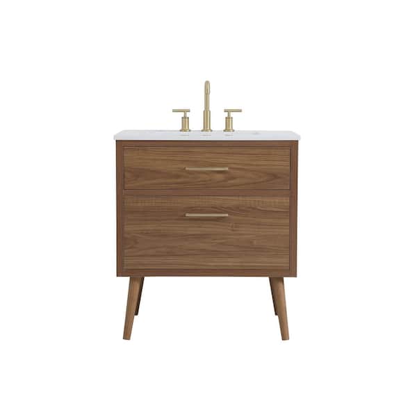Unbranded Simply Living 30 in. W x 22 in. D x 33.5 in. H Bath Vanity in Walnut Brown with Ivory White Engineered Marble Top