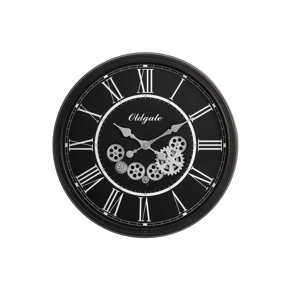 30 in. Round Oversized Black Decorative Wall Clock with Moving Gear Mechani