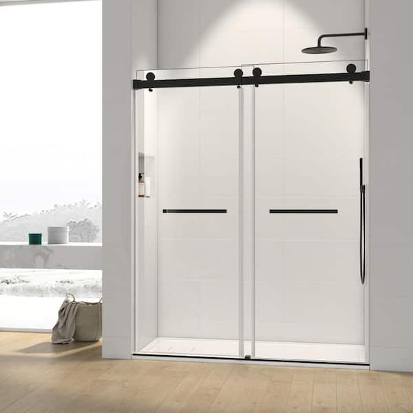 Satico 48 in. W x 76 in. H Double Sliding Frameless Shower Door/Enclosure in Matte Black with Clear Glass