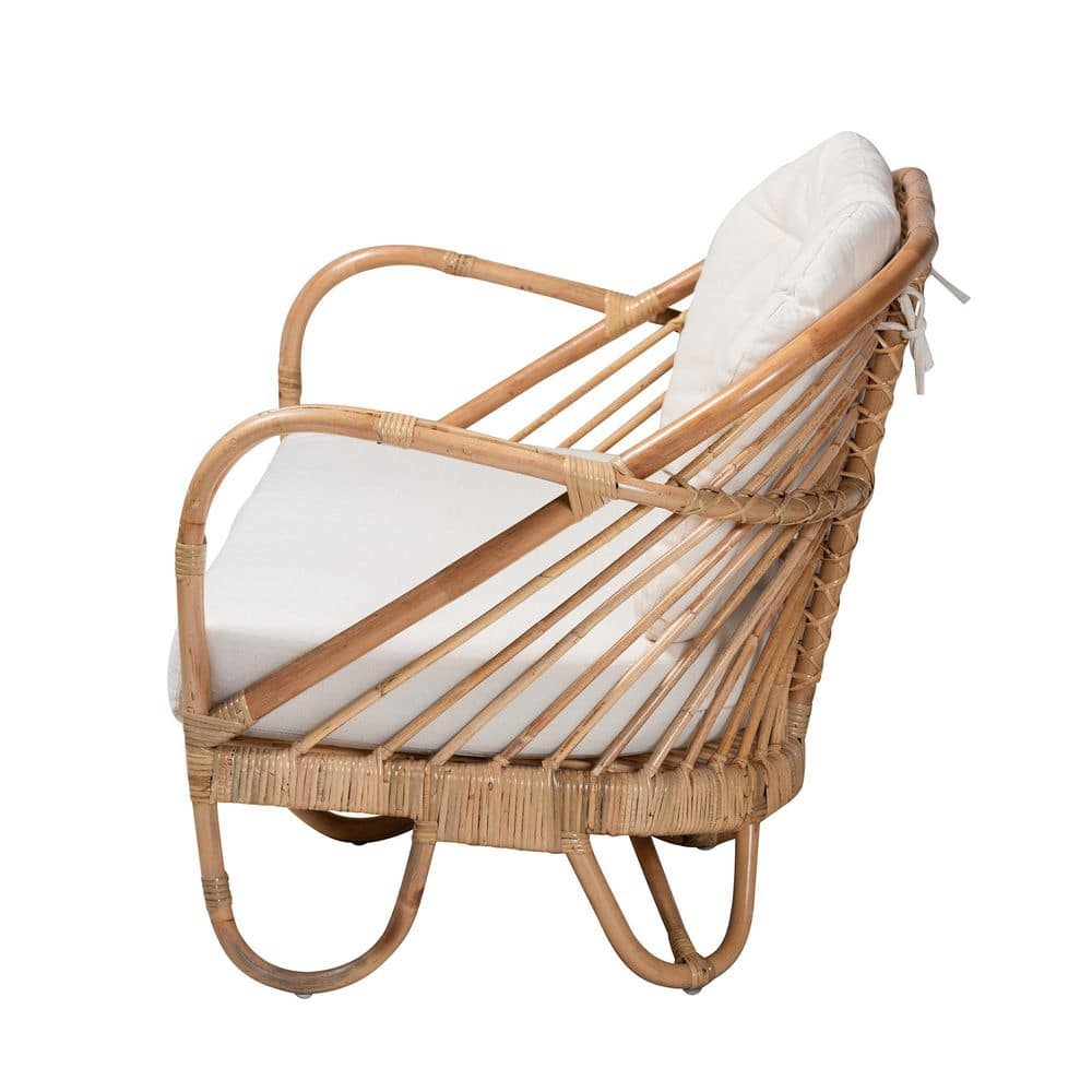 Natural Rattan Loveseat with Tufted Off-White Cushions