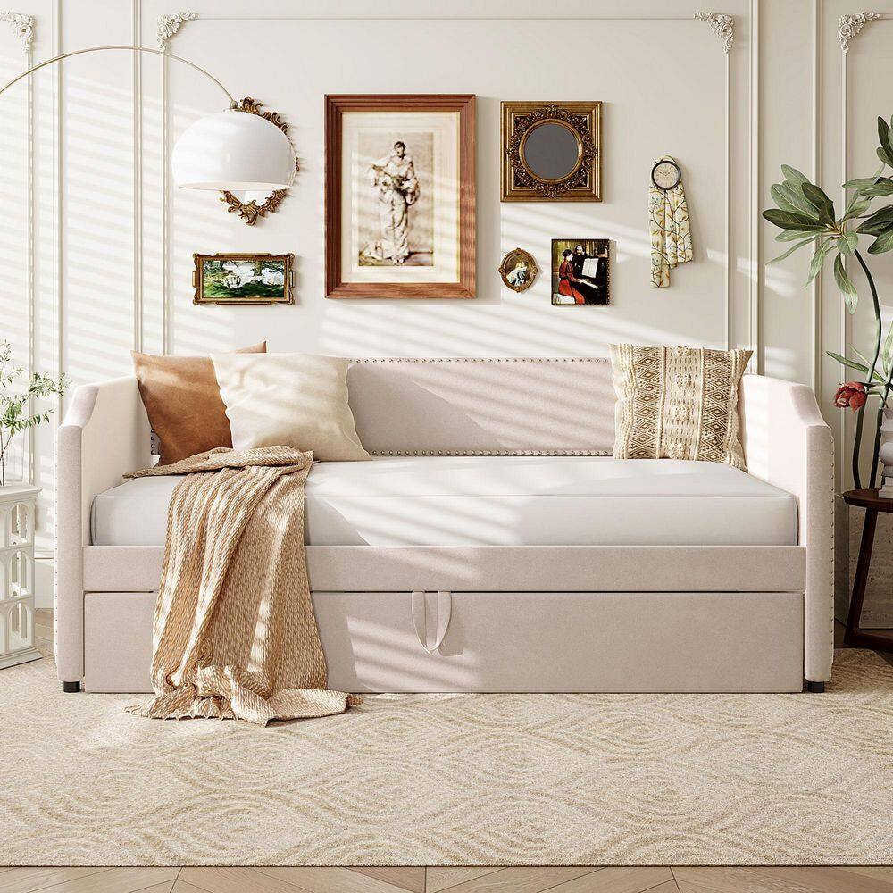 Beige Twin Size Velvet Upholstered Daybed with Pop Up Trundle