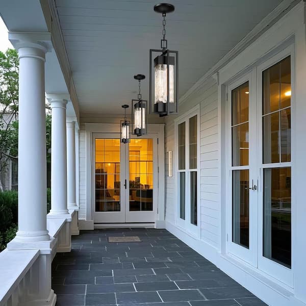 Outdoor/Indoor Black Hanging Lantern with Water Glass, Rustproof Metal Fixture for Porch, Garage, Patio (Bulb Included)