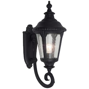 Commons 1-Light Black Coach Outdoor Wall Light Fixture with Seeded Glass
