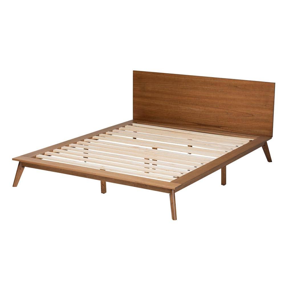 Walnut Brown Wood King Size Platform Bed with Upholstered Headboard