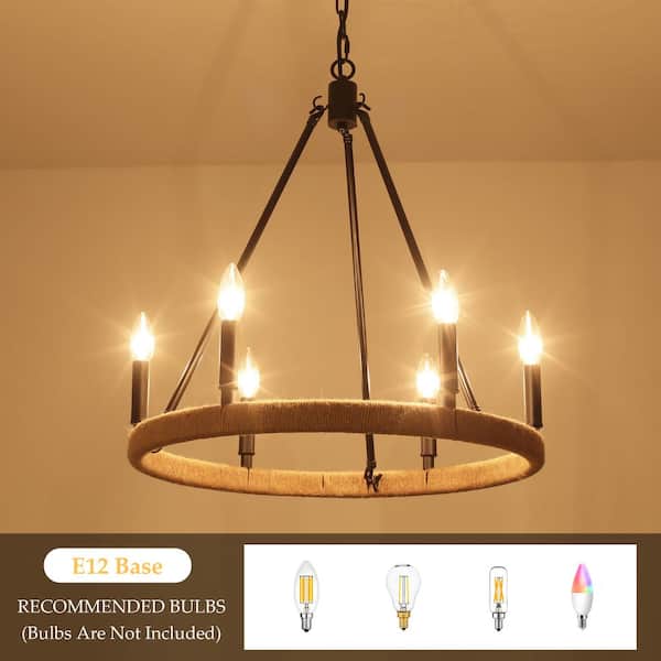 LWYTJO 6-Light Rustic Black Hemp Rope Wagon Wheel Chandelier for