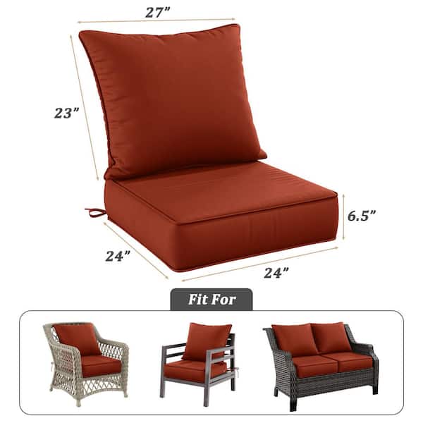 24 in. x 24 in. Deep Seat Outdoor Lounge Cushion with Backrest, Premium Waterproof Patio Furniture Cushions Terra Red