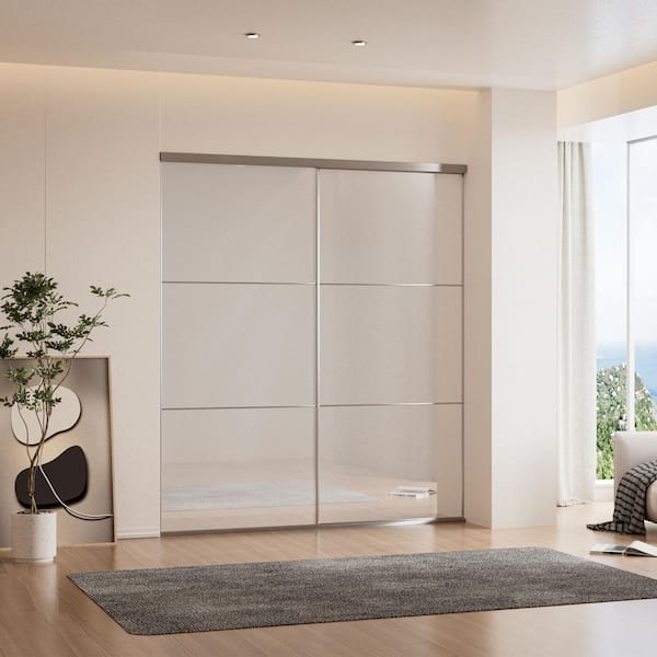 72 in. x 80 in. 3-Lite White Painted Tempered Glass Interior Closet Sliding Door with Nickel Aluminum Frame Hardware Kit