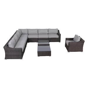 Gray Patio 9-Piece Wicker Outdoor Sectional Set with Cushion Guard Gray Cushions Fully Assembled 7-Person Seating