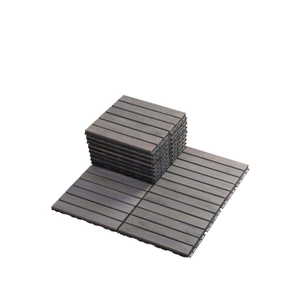 WEGATE 12 in. x 12 in. Solid Wood Floor Tile, Waterproof Plastic Base Sitting, Buckle Deck Tile, Striped Gray (10-Pack)